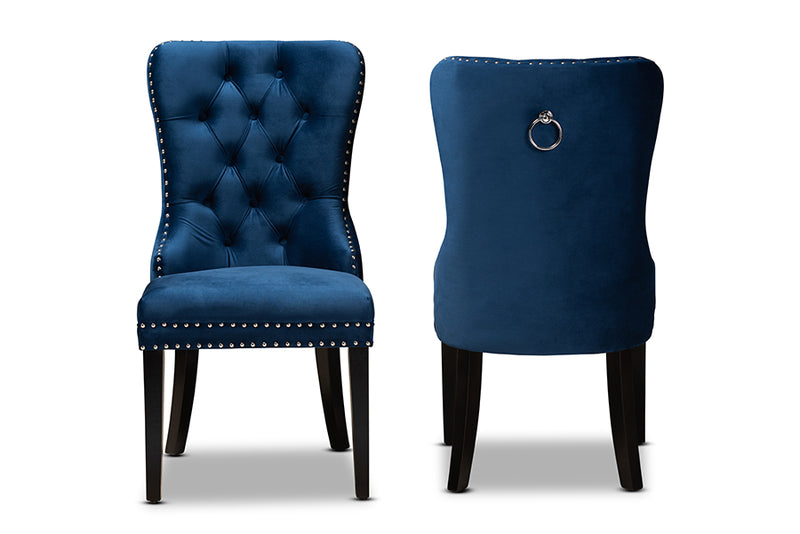 Ellastone Modern Transitional Navy Blue Velvet Fabric Upholstered Espresso Finished 2-Piece Wood Dining Chair Set Set