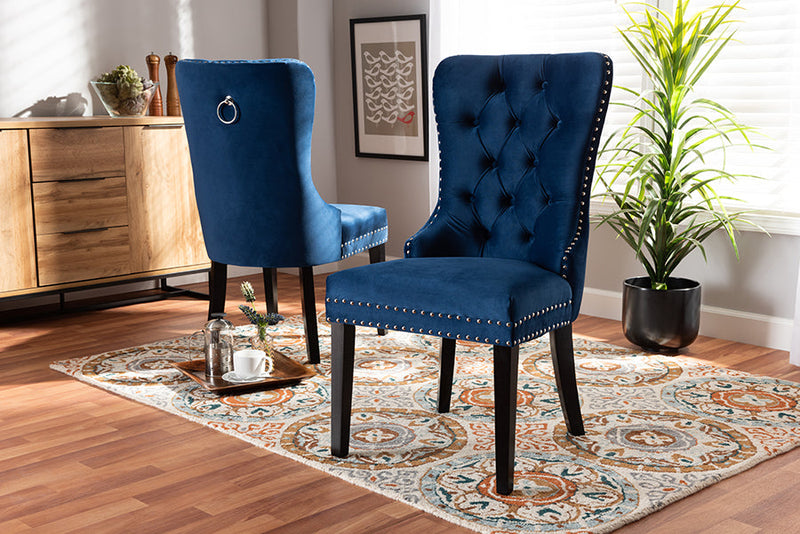 Ellastone Navy Blue Velvet Fabric Espresso Finished 2Pc Wood Chair Set Baxton