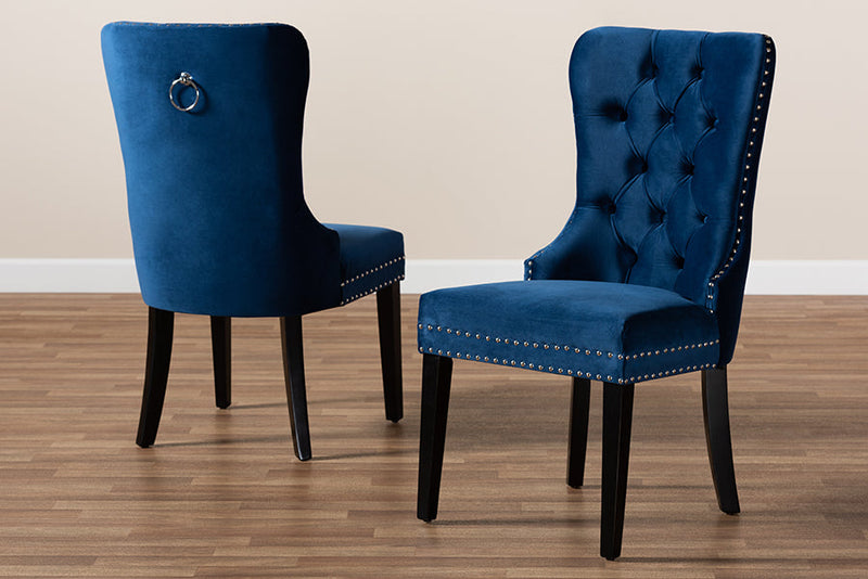 Ellastone Navy Blue Velvet Fabric Espresso Finished 2Pc Wood Chair Set Baxton