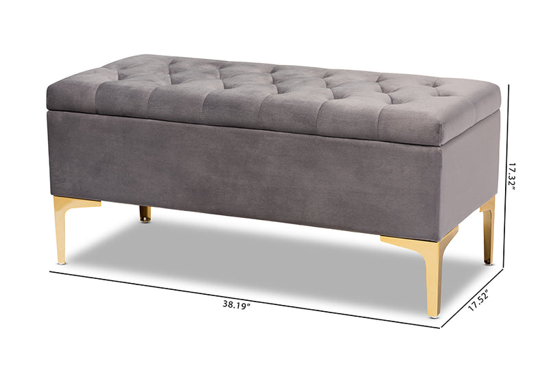 Ayu Glam and Luxe Gray Velvet Fabric Upholstered Gold Finished Button Tufted Storage Ottoman