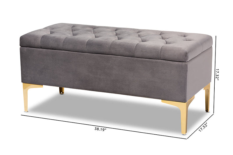 Ayu Gray Velvet Fabric Upholstered Gold Finished Button Tufted Storage Ottoman Baxton