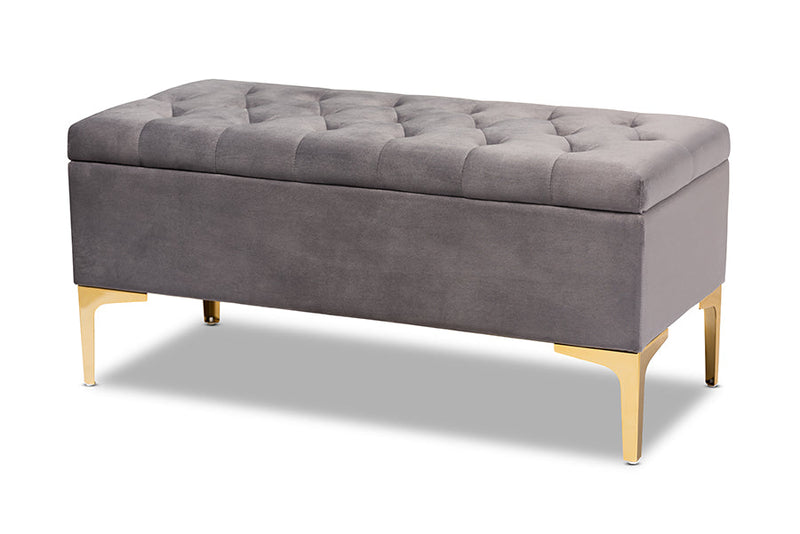 Ayu Gray Velvet Fabric Upholstered Gold Finished Button Tufted Storage Ottoman Baxton