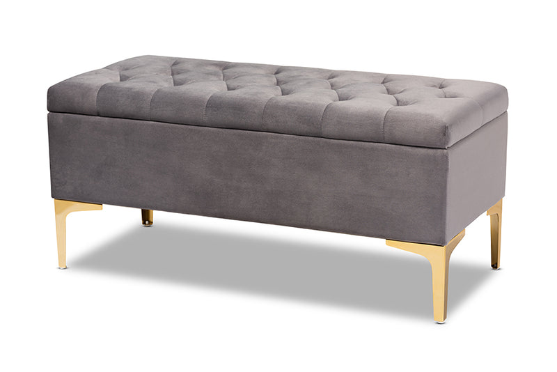 Ayu Glam and Luxe Gray Velvet Fabric Upholstered Gold Finished Button Tufted Storage Ottoman