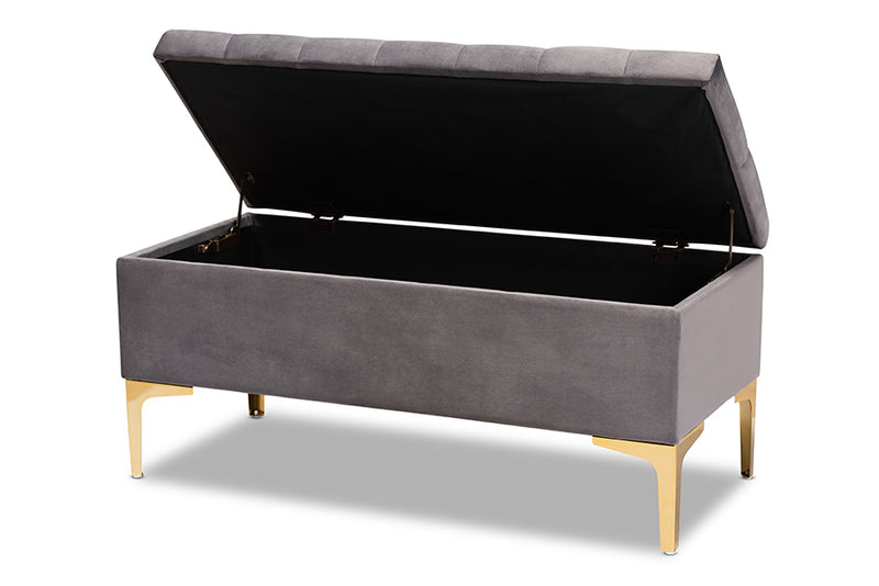 Ayu Glam and Luxe Gray Velvet Fabric Upholstered Gold Finished Button Tufted Storage Ottoman