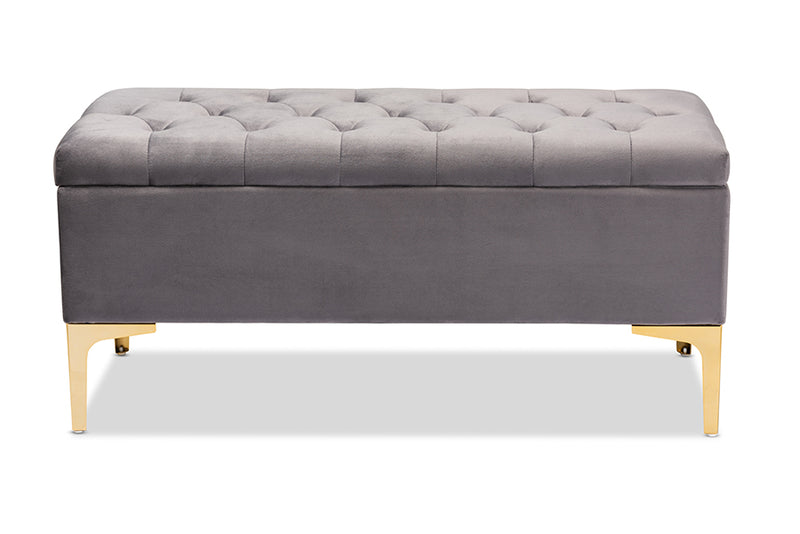 Ayu Glam and Luxe Gray Velvet Fabric Upholstered Gold Finished Button Tufted Storage Ottoman