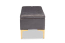 Ayu Gray Velvet Fabric Upholstered Gold Finished Button Tufted Storage Ottoman Baxton