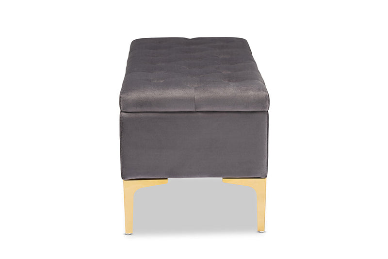 Ayu Gray Velvet Fabric Upholstered Gold Finished Button Tufted Storage Ottoman Baxton