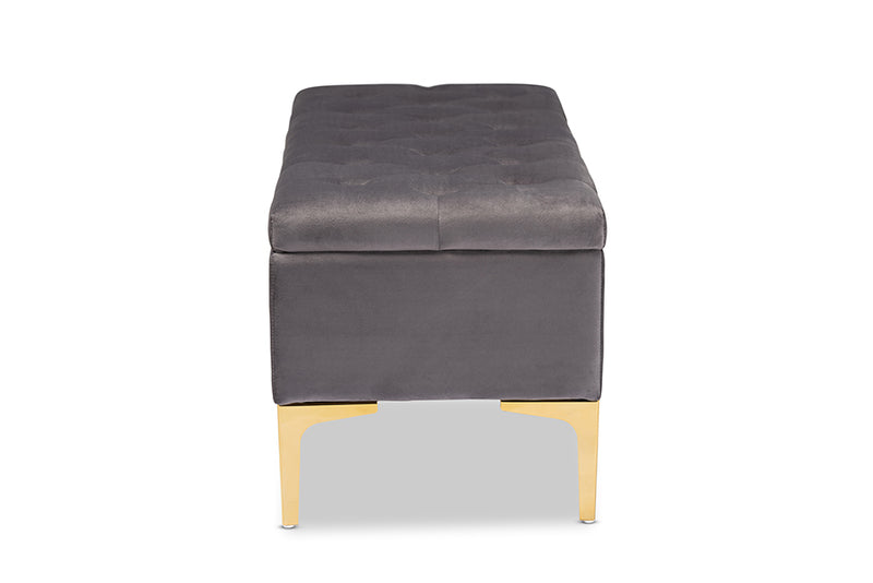 Ayu Glam and Luxe Gray Velvet Fabric Upholstered Gold Finished Button Tufted Storage Ottoman