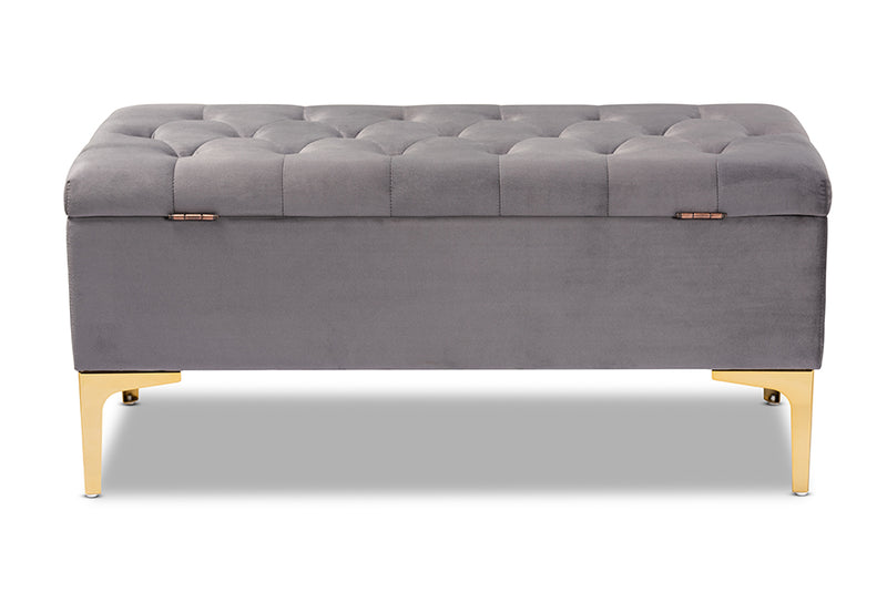 Ayu Glam and Luxe Gray Velvet Fabric Upholstered Gold Finished Button Tufted Storage Ottoman