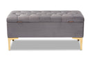 Ayu Gray Velvet Fabric Upholstered Gold Finished Button Tufted Storage Ottoman Baxton