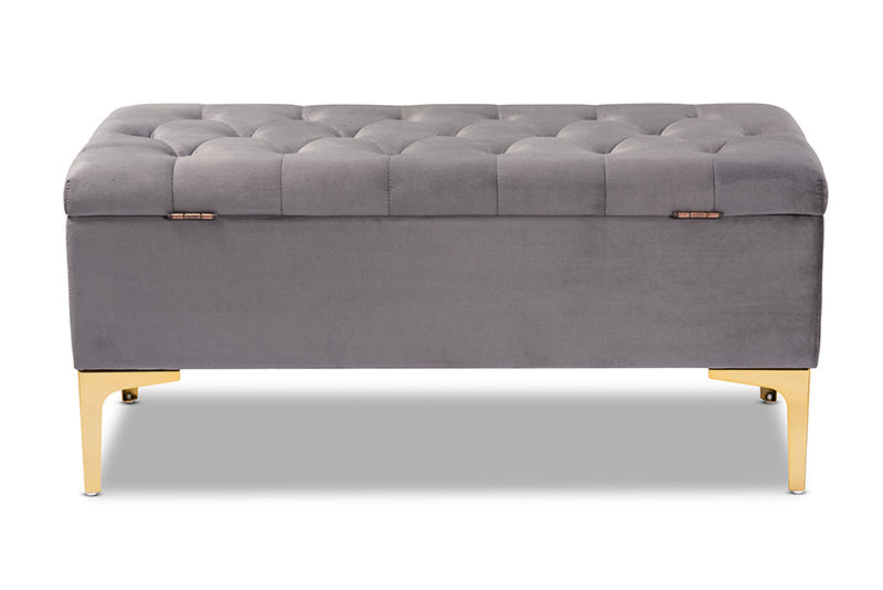 Ayu Gray Velvet Fabric Upholstered Gold Finished Button Tufted Storage Ottoman Baxton