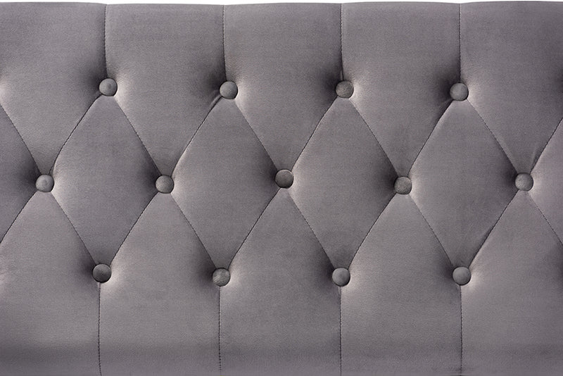 Ayu Glam and Luxe Gray Velvet Fabric Upholstered Gold Finished Button Tufted Storage Ottoman