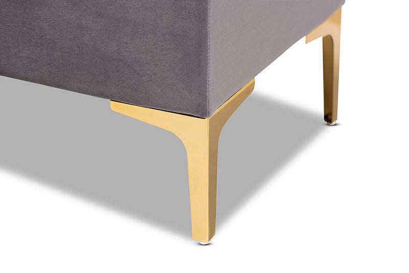 Ayu Gray Velvet Fabric Upholstered Gold Finished Button Tufted Storage Ottoman Baxton