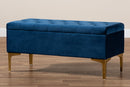 Ayu Navy Blue Velvet Fabric Gold Finished Button Tufted Storage Ottoman Baxton