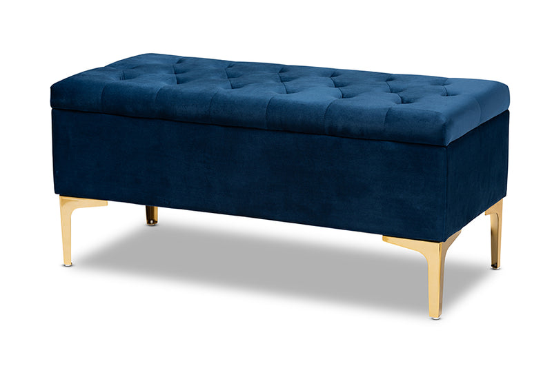 Ayu Glam and Luxe Navy Blue Velvet Fabric Upholstered Gold Finished Button Tufted Storage Ottoman