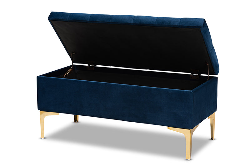 Ayu Glam and Luxe Navy Blue Velvet Fabric Upholstered Gold Finished Button Tufted Storage Ottoman