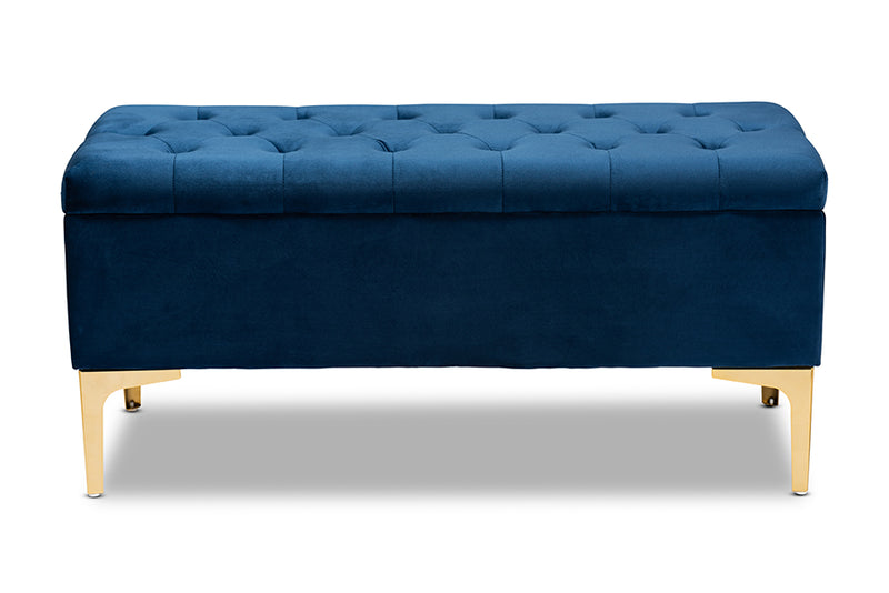 Ayu Glam and Luxe Navy Blue Velvet Fabric Upholstered Gold Finished Button Tufted Storage Ottoman