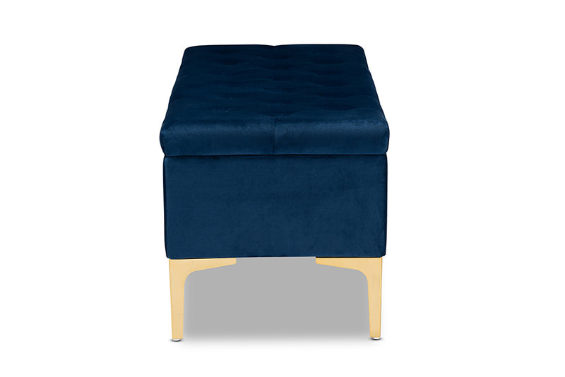 Ayu Glam and Luxe Navy Blue Velvet Fabric Upholstered Gold Finished Button Tufted Storage Ottoman