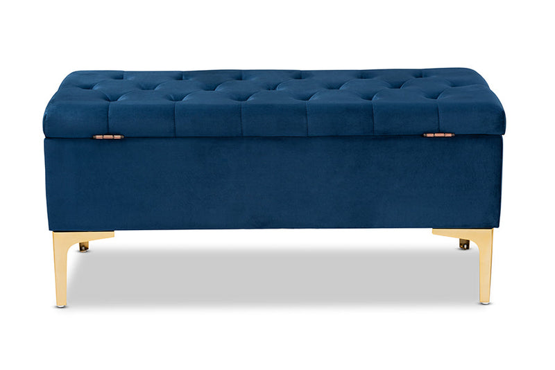 Ayu Navy Blue Velvet Fabric Gold Finished Button Tufted Storage Ottoman Baxton
