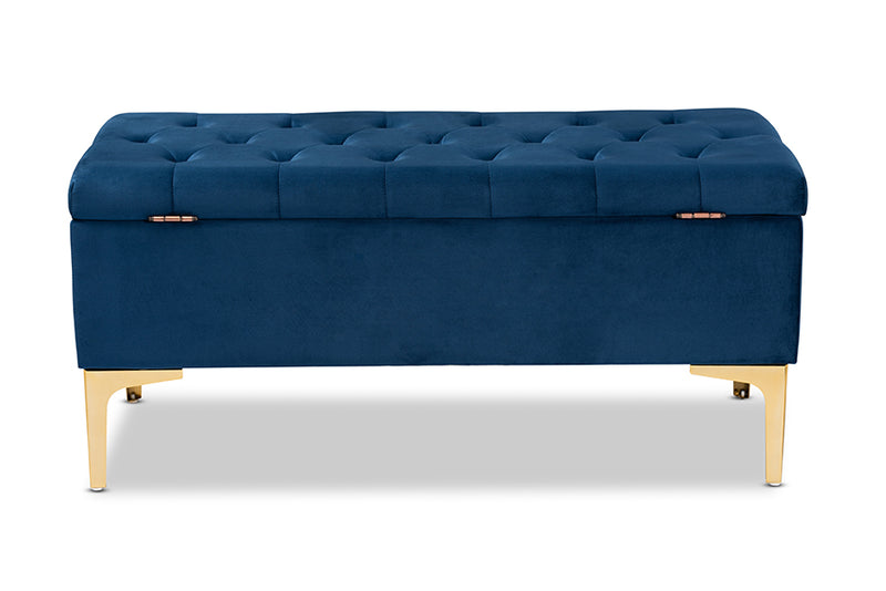 Ayu Glam and Luxe Navy Blue Velvet Fabric Upholstered Gold Finished Button Tufted Storage Ottoman