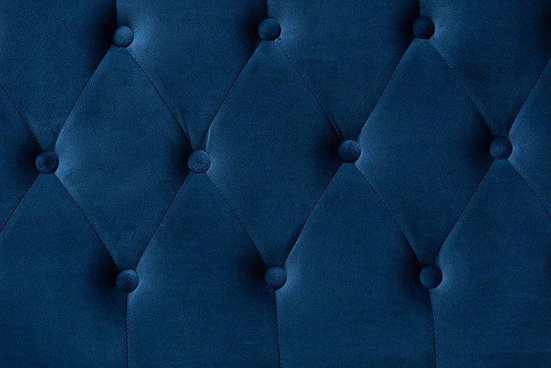 Ayu Navy Blue Velvet Fabric Gold Finished Button Tufted Storage Ottoman Baxton