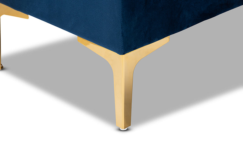 Ayu Glam and Luxe Navy Blue Velvet Fabric Upholstered Gold Finished Button Tufted Storage Ottoman