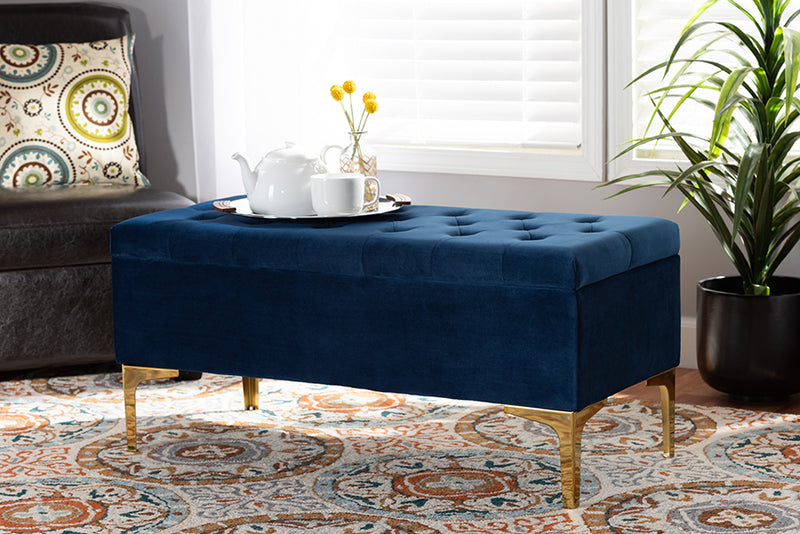 Ayu Glam and Luxe Navy Blue Velvet Fabric Upholstered Gold Finished Button Tufted Storage Ottoman