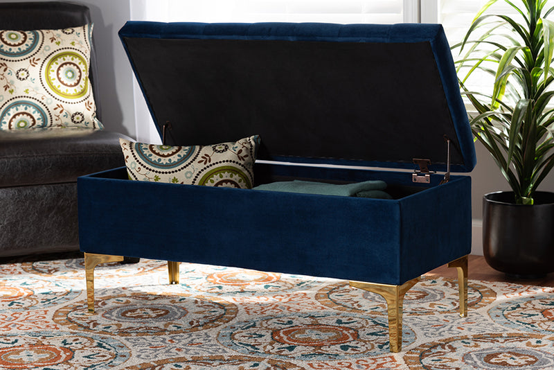 Ayu Glam and Luxe Navy Blue Velvet Fabric Upholstered Gold Finished Button Tufted Storage Ottoman