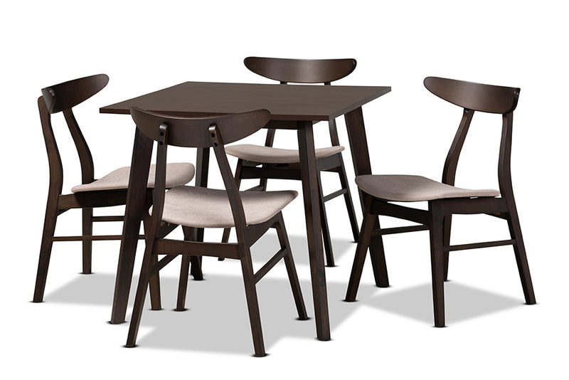 Elmdon Mid-Century Modern Beige Fabric Upholstered Dark Oak Brown Finished 5-Piece Wood Dining Set