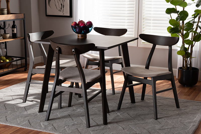 Elmdon Mid-Century Modern Beige Fabric Upholstered Dark Oak Brown Finished 5-Piece Wood Dining Set