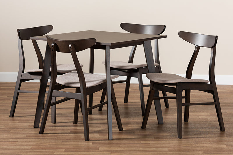 Elmdon Mid-Century Modern Beige Fabric Upholstered Dark Oak Brown Finished 5-Piece Wood Dining Set