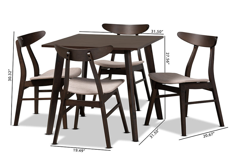 Elmdon Mid-Century Modern Beige Fabric Upholstered Dark Oak Brown Finished 5-Piece Wood Dining Set