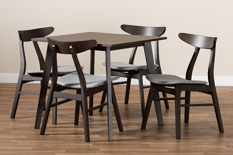 Elmdon Mid-Century Modern Light Gray Fabric Upholstered Dark Oak Brown Finished 5-Piece Wood Dining Set