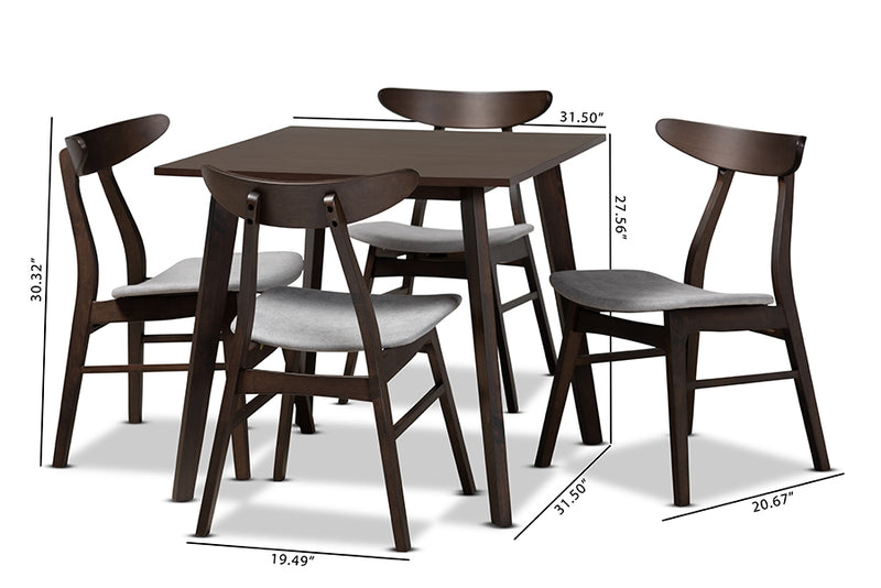 Elmdon Mid-Century Modern Light Gray Fabric Upholstered Dark Oak Brown Finished 5-Piece Wood Dining Set