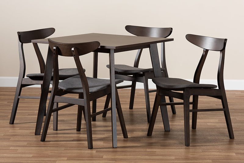 Elmdon Dark Gray Fabric Dark Oak Brown Finished 5-Piece Wood Dining Set Baxton