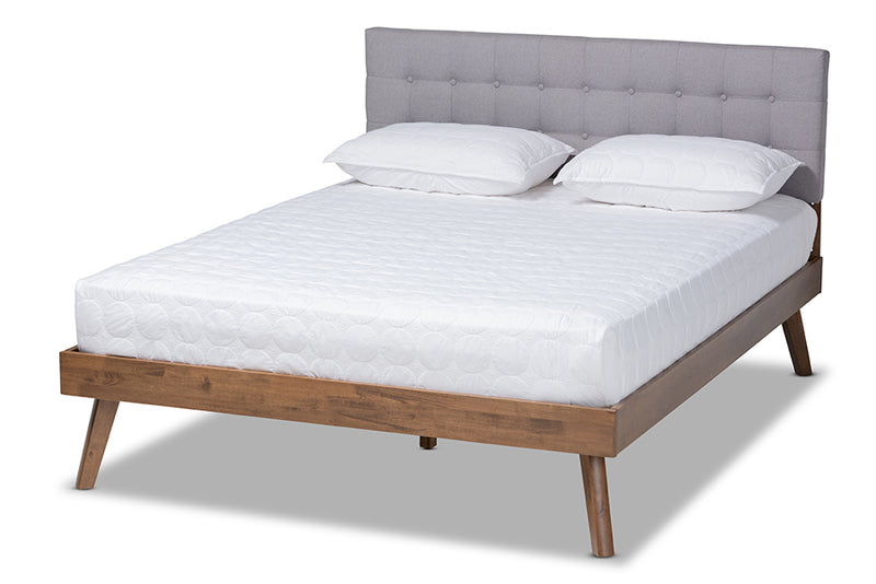 Finlay Mid-Century Modern Light Gray Fabric Upholstered Walnut Brown Finished Wood Full Size Platform Bed