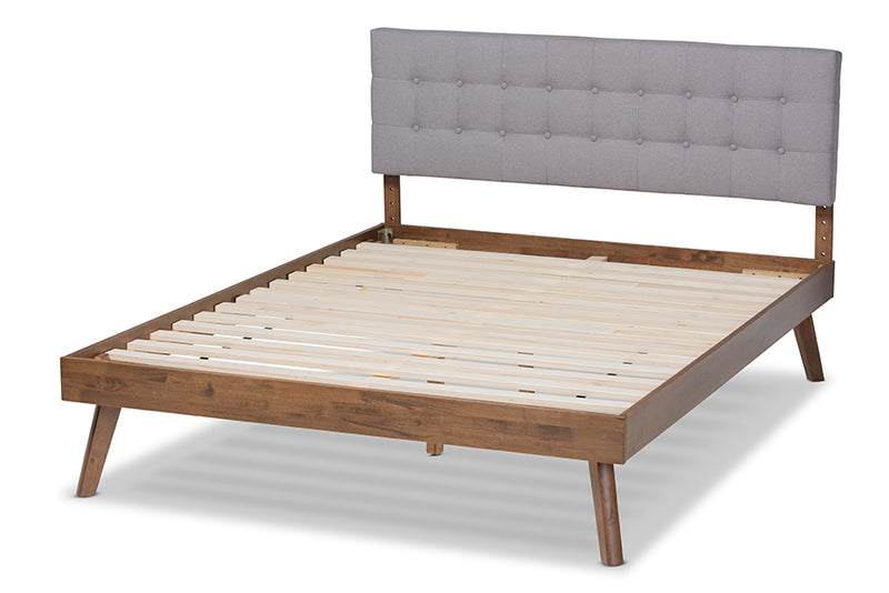 Finlay Mid-Century Modern Light Gray Fabric Upholstered Walnut Brown Finished Wood Queen Size Platform Bed