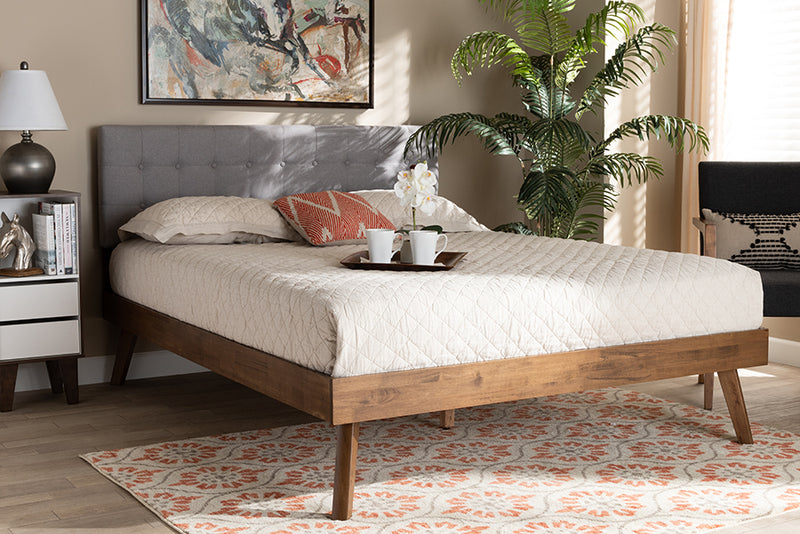 Finlay Mid-Century Modern Light Gray Fabric Upholstered Walnut Brown Finished Wood King Size Platform Bed