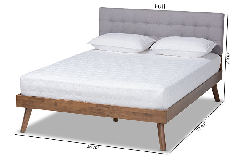 Finlay Mid-Century Modern Light Gray Fabric Upholstered Walnut Brown Finished Wood Queen Size Platform Bed