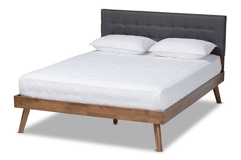 Finlay Dark Gray Fabric Walnut Brown King Size Platform Bed Baxton