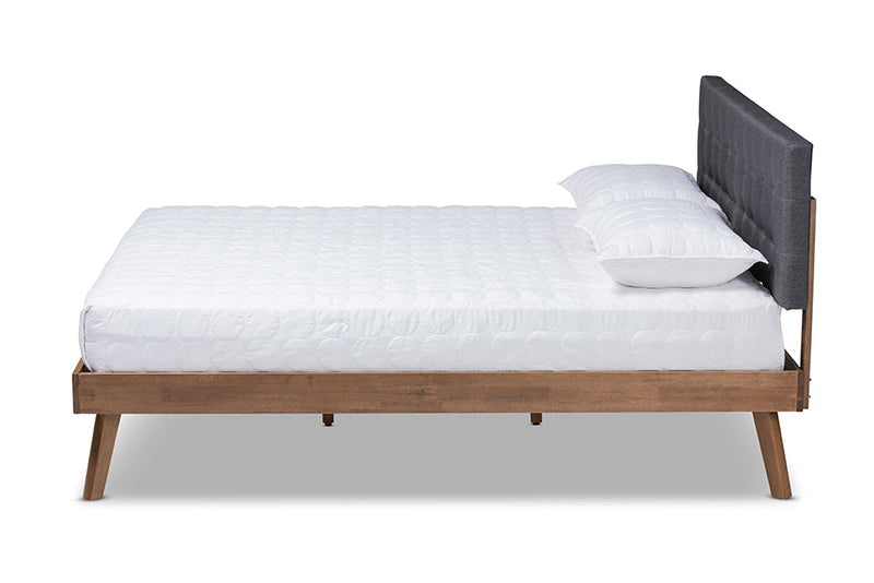 Finlay Dark Gray Fabric Walnut Brown King Size Platform Bed Baxton