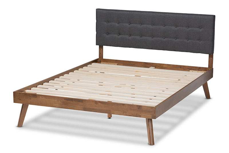 Finlay Mid-Century Modern Dark Gray Fabric Upholstered Walnut Brown Finished Wood Full Size Platform Bed