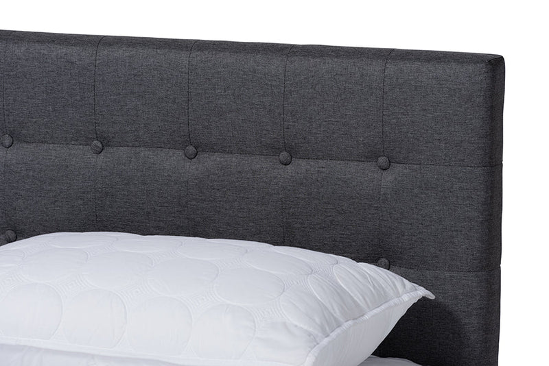 Finlay Dark Gray Fabric Walnut Brown King Size Platform Bed Baxton