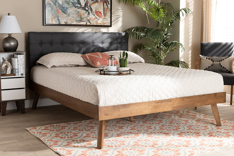 Finlay Dark Gray Fabric Walnut Brown King Size Platform Bed Baxton