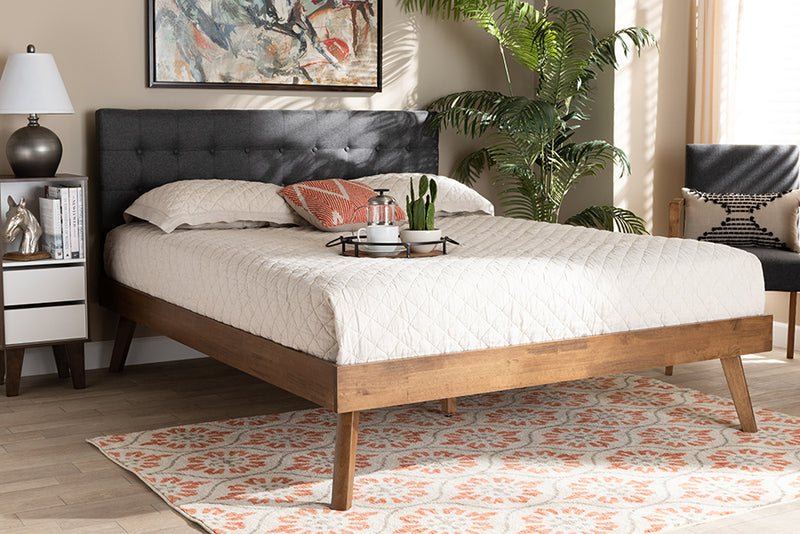 Finlay Mid-Century Modern Dark Gray Fabric Upholstered Walnut Brown Finished Wood Full Size Platform Bed