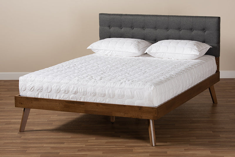 Finlay Dark Gray Fabric Walnut Brown King Size Platform Bed Baxton