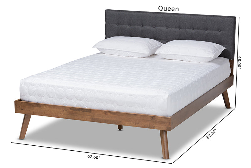 Finlay Mid-Century Modern Dark Gray Fabric Upholstered Walnut Brown Finished Wood Full Size Platform Bed