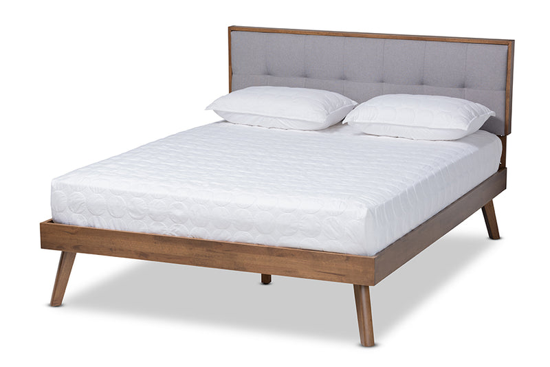 Celestine Mid-Century Modern Light Gray Fabric Upholstered Walnut Brown Finished Wood Queen Size Platform Bed