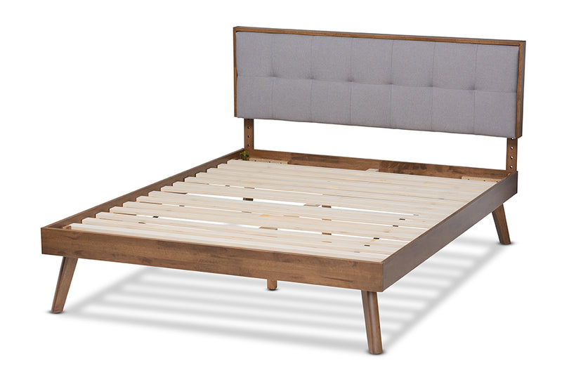 Celestine Mid-Century Modern Light Gray Fabric Upholstered Walnut Brown Finished Wood Queen Size Platform Bed