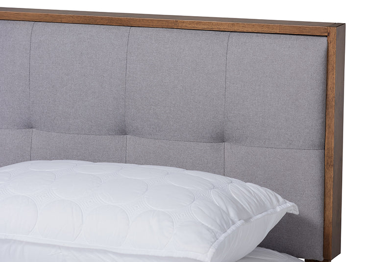 Celestine Mid-Century Modern Light Gray Fabric Upholstered Walnut Brown Finished Wood Queen Size Platform Bed